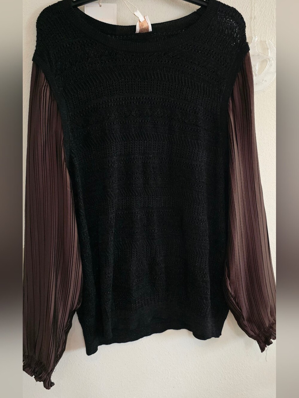 Zac & Rachel Black Knit Sweater with Sheer Brown Pleated Sleeves